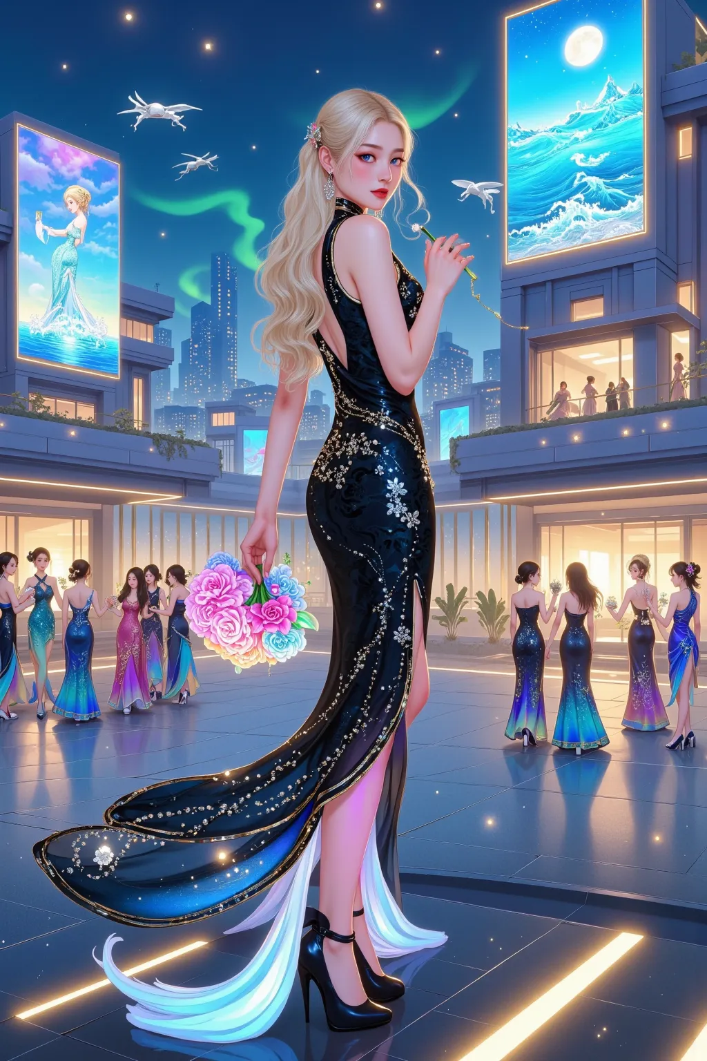 A breathtaking futuristic cityscape(close up 3:0) where a stunning Russian supermodel with long blonde hair and piercing blue eyes celebrates International Women's Day in a world of advanced technology and sleek cyber aesthetics. She stands confidently on ...