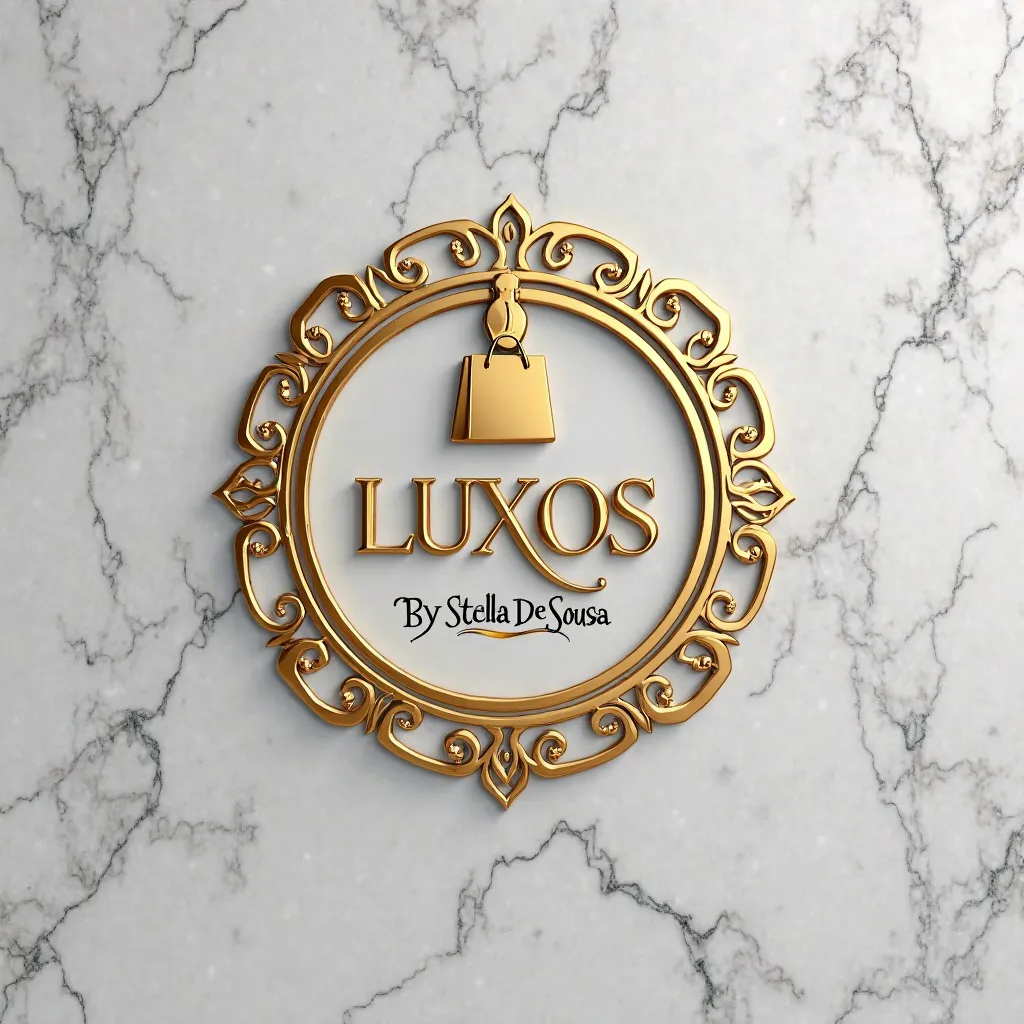 A realistic 3d logo design on a gray granite wall. The logo features the name Luxos By Stella De Sousa' , letras com brilho de vidro vivid  an elegant gold font. Above the text is gold vivid silhouette of  BAG holding a shopping BAG tie laço brow vivid , s...