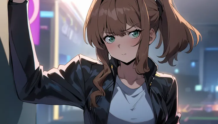 masterpiece, best quality, cyberpunk edgerunners anime style, simple lighting. hard shadows, 1girl, monika, brown hair, green eyes, short ponytail, short hair, black bow, black leather jacket, white top