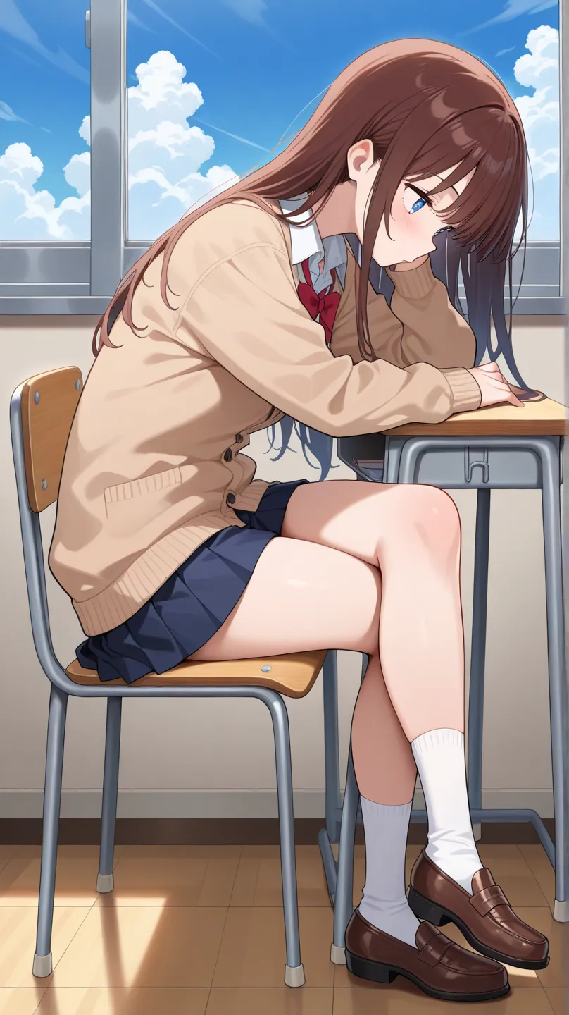 ((masterpiece:1.2)), ((best quality:1.2)), ((amazing quality:1.2)), ((absurdres:1.2)), ((CG illustration:1.2)), 1girl, solo, standing, classroom, sitting, side view, crossed legs, socks, loafers, short skirt, pleated skirt, brown cardigan, white shirt, cha...