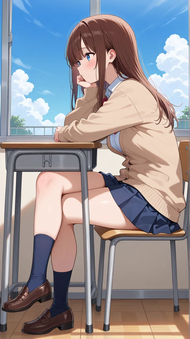 ((masterpiece:1.2)), ((best quality:1.2)), ((amazing quality:1.2)), ((absurdres:1.2)), ((CG illustration:1.2)), 1girl, solo, standing, classroom, sitting, side view, crossed legs, socks, loafers, short skirt, pleated skirt, brown cardigan, white shirt, cha...