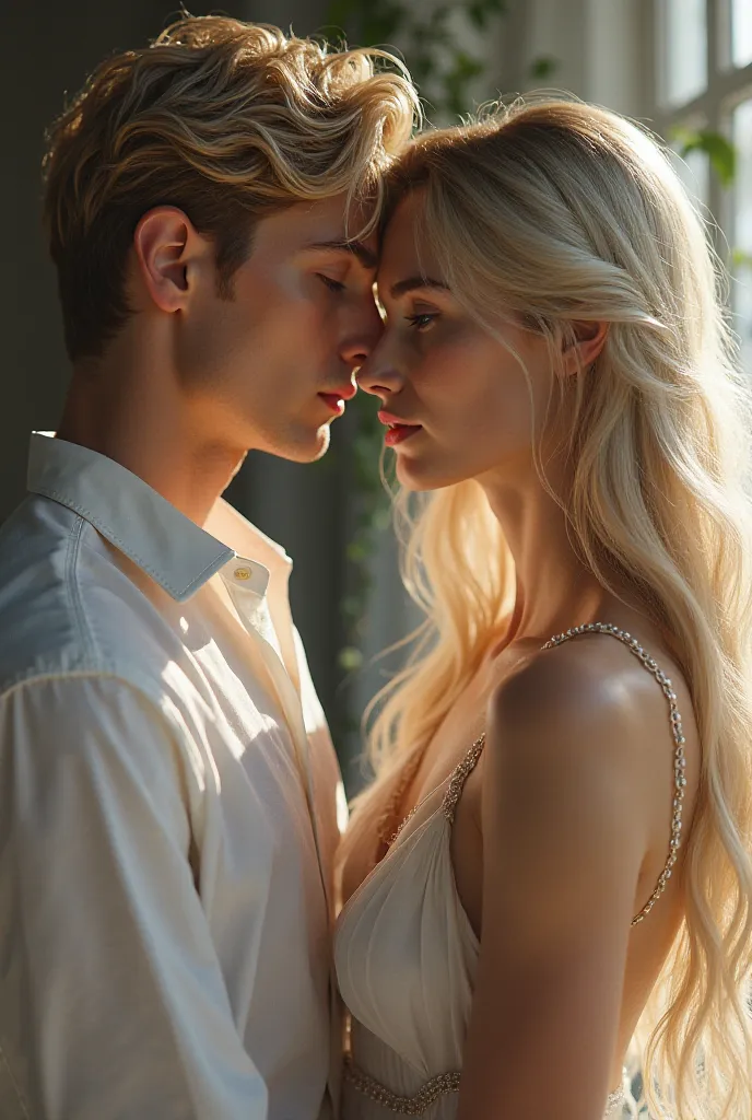 A young adult male face, blond, looking at a woman with long blond hair who wears silk with her breasts half covered