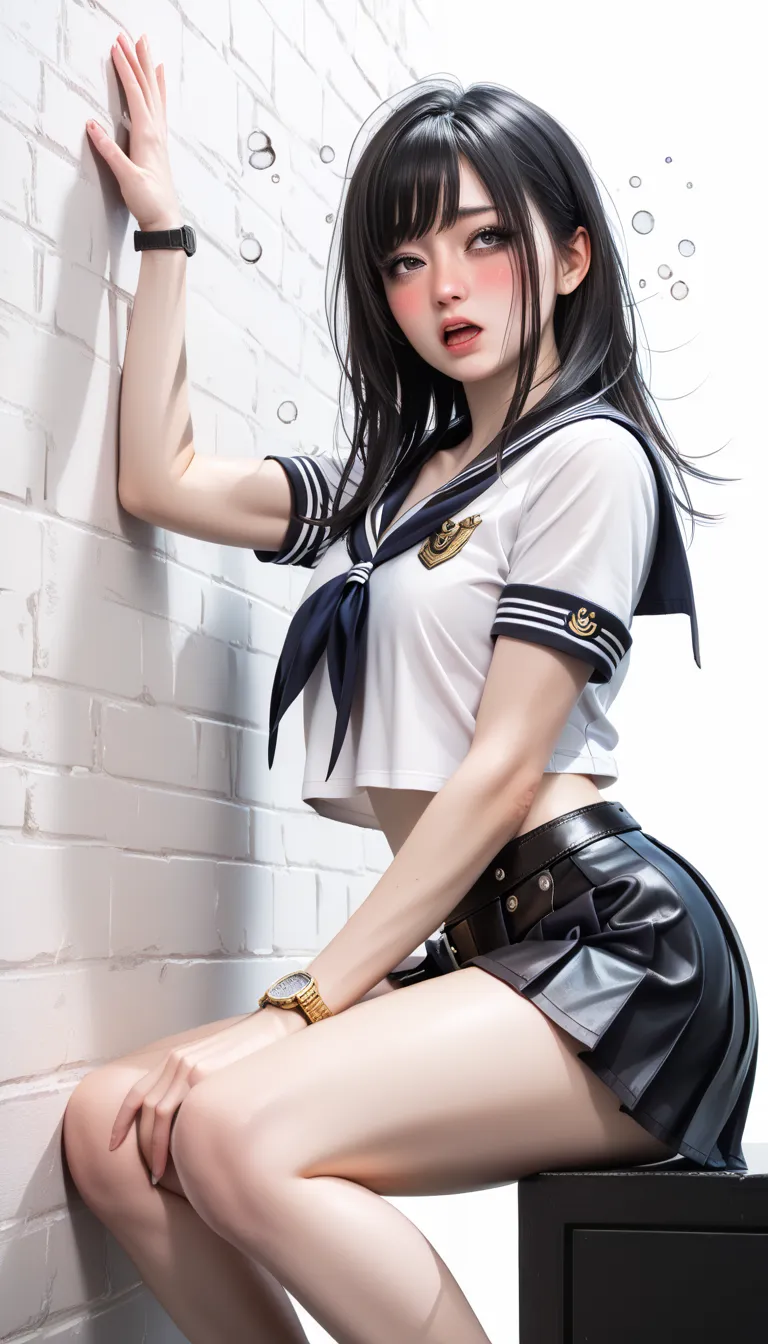 Beautiful Japanese Woman,( 1girl :1.5),(slender body:1.2),( small tits:1.0),( empty white background:1.7),(Very Very Short sleeve police shirt:1.2),(short sleeve sailor shirt:1.2),(ultra mini sailor skirt:1.2),(black leather sailor belt:1.5),real skin ,sma...