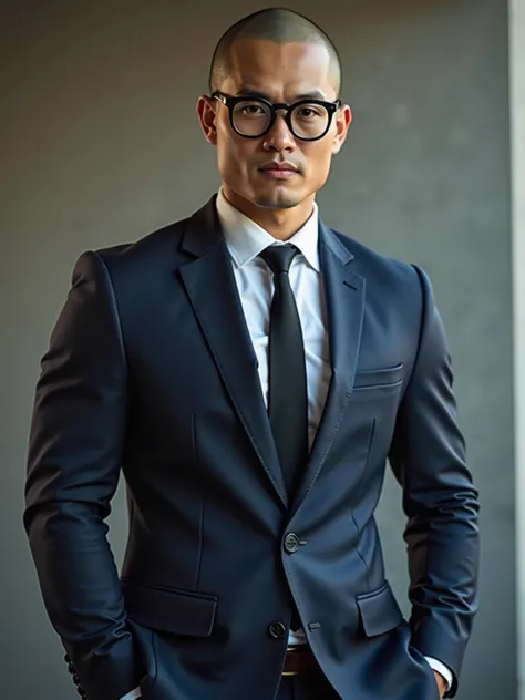  male、 Asians、 skinhead、handsome、 musculoskeletal muscle々、Broad shoulders、 Tall、navy blue suit for ID、black tie、Gentleman、black rimmed glasses、real、pictures、realistic、photograph、full body、high image quality during sick leave、smiles, Wide angle, solo、realis...