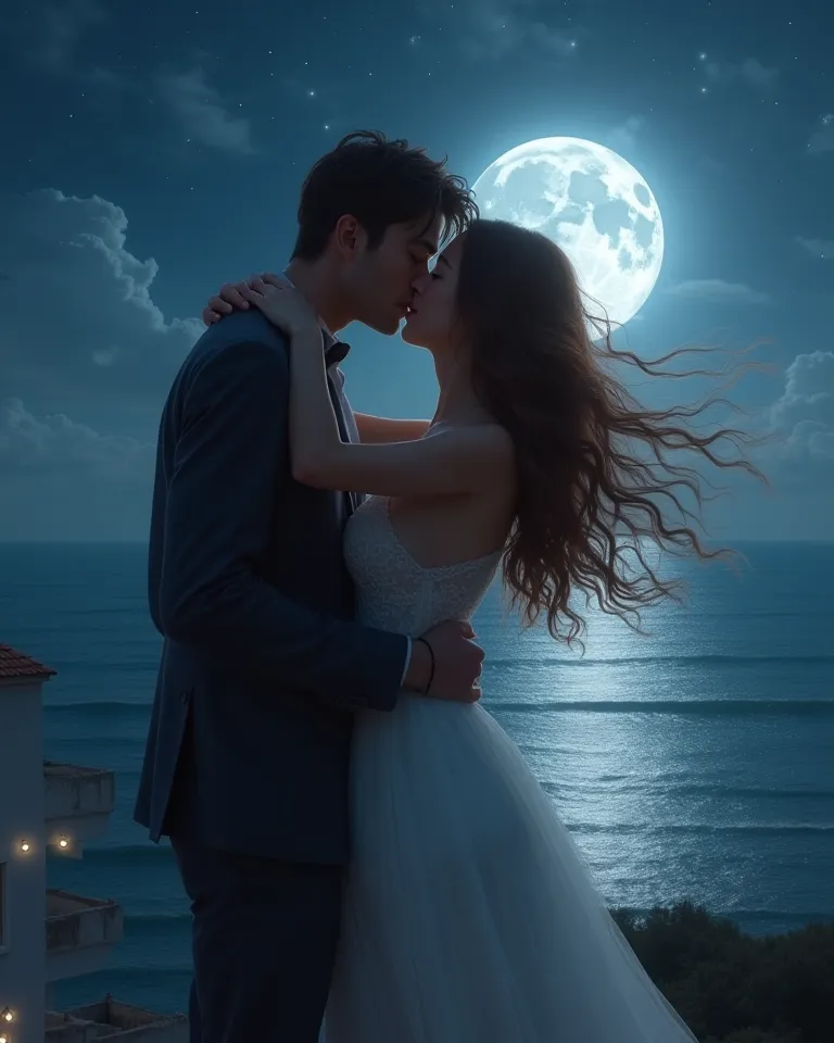 A couple kiss passionately on a rooftop overlooking the sea. The silver moon . She has wavy brown hair and so does he 