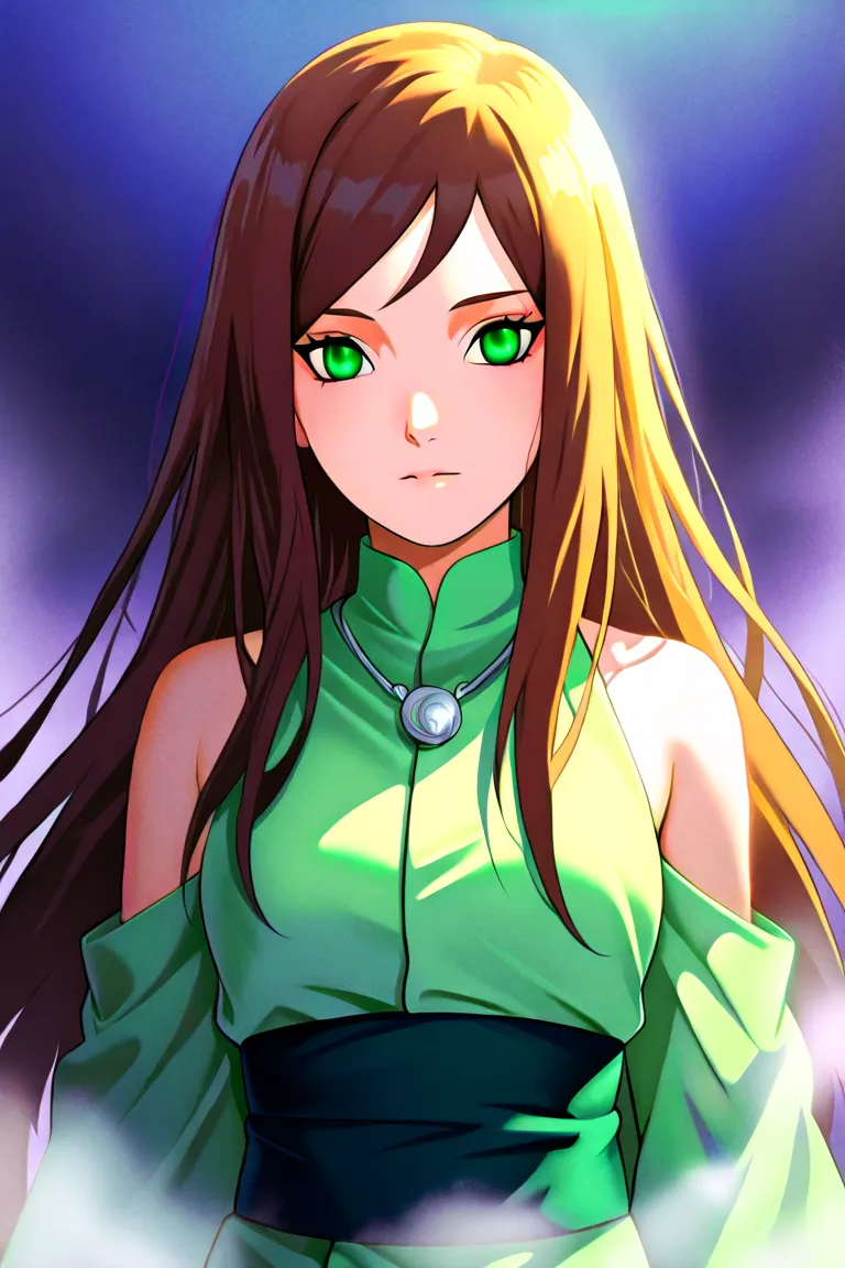 Digital artwork in Naruto anime style. A woman with long brown hair, fair skin, and vivid green eyes wears a dark and light green outfit and a silver necklace. Bioluminescent colors, natural light effects, vibrant glow. Dreamy atmosphere, iridescent colors...