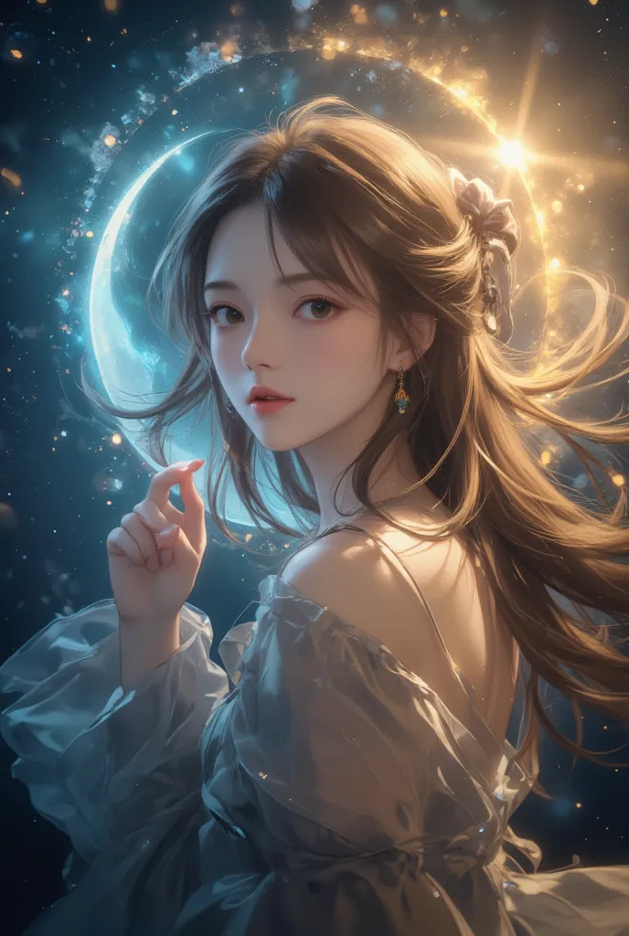 masterpiece, best quality, ultra resolution, PERFECT ANATOMY, young woman, detailed face and eyes、crescent moon shining blue on the left、the sun shines yellow on the right hand、Bend your neck backwards、collision between galaxy and Andromeda galaxy in the b...