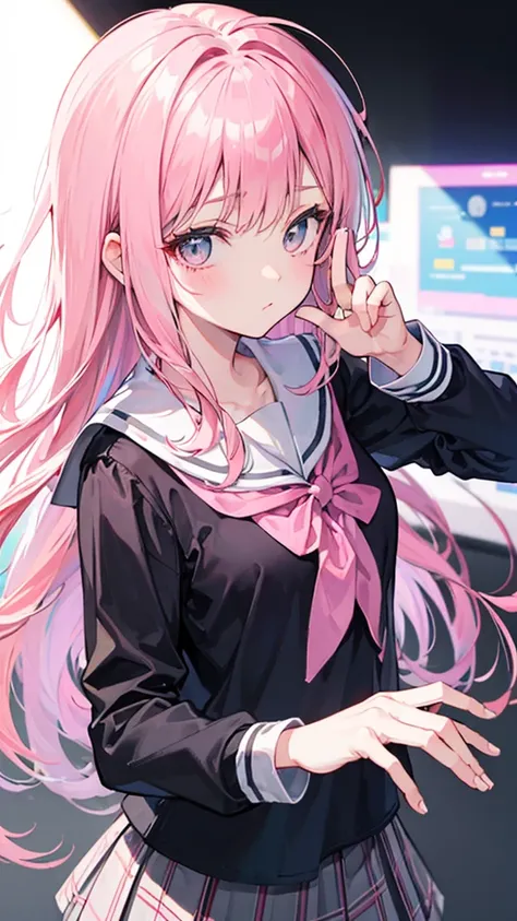 pink hair, grey eyes, cute anime girl, School uniform, girl using hologram panel, clear picture with no blurred fingers, no abnormalities.