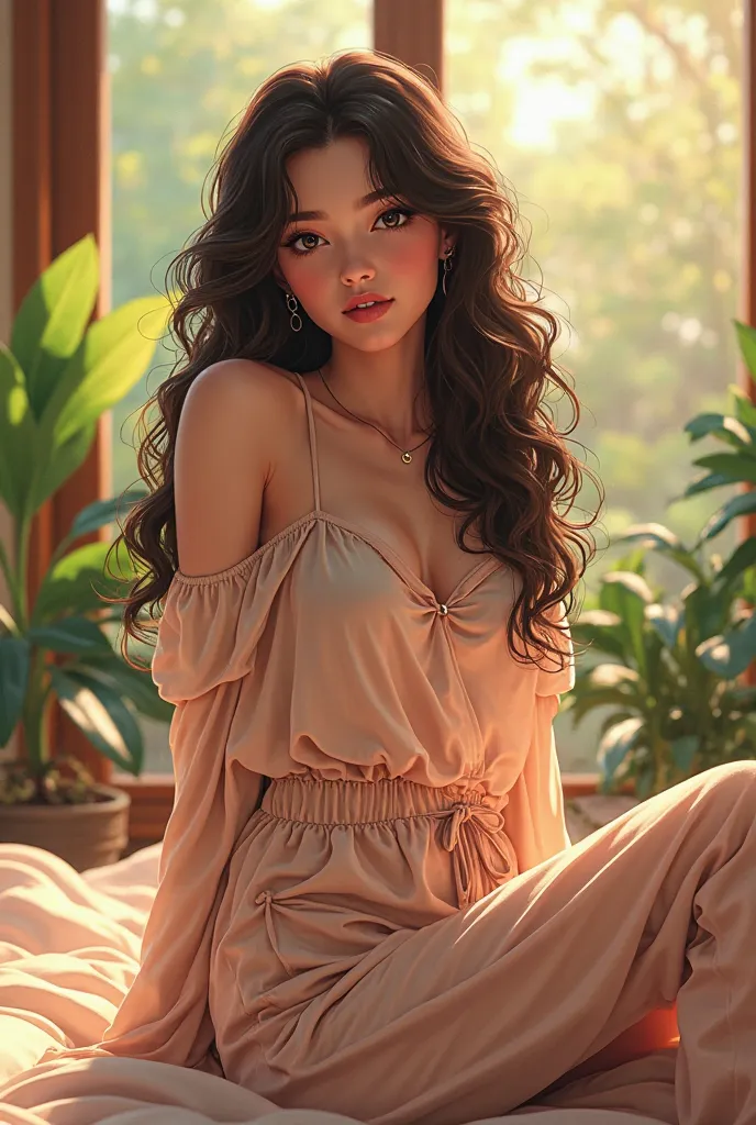 (photorealism:1.2), Hot anime beautiful woman, with big boobs, sitting on bed, wearing loose off-shoulder top, pajama pants, long curly hair, indoors, soft lighting, plants in background, window with sunlight, cozy room, relaxed pose, realistic, intricate ...