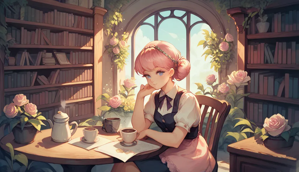 cute and amazing  library, with flowers around , light colors, pastel tones rose and white, coffee and tea
maximum resolution, texture, painting style, high resolution and high quality photography