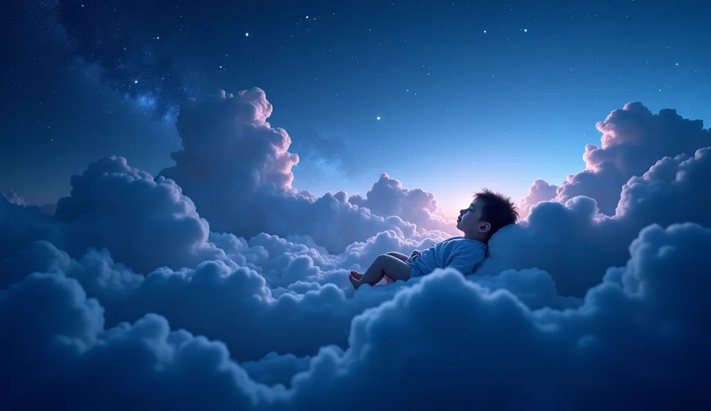 A mesmerizing scene of midnight blue clouds gently swaying in the cool evening breeze, on its velvety textures shimmering with touches of cosmic blue and violet deep. Bright stardust floats through the air, shining like small heavenly embers, whirling grac...