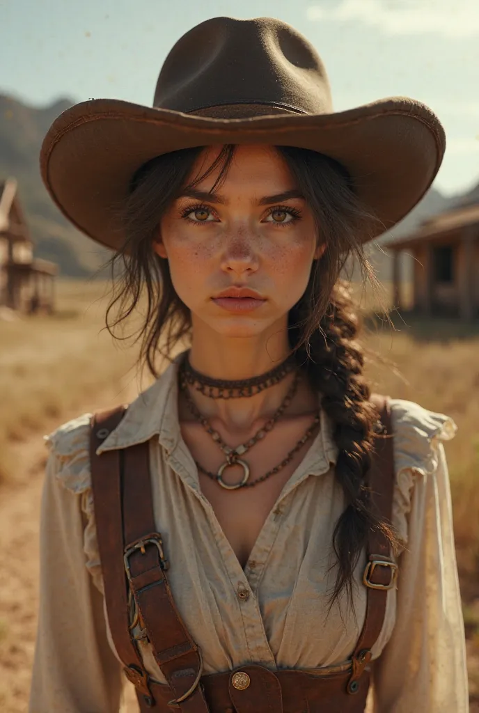 a wild west girl, adult, beautiful, big amber eyes, angry but cute, wearing a modest dress