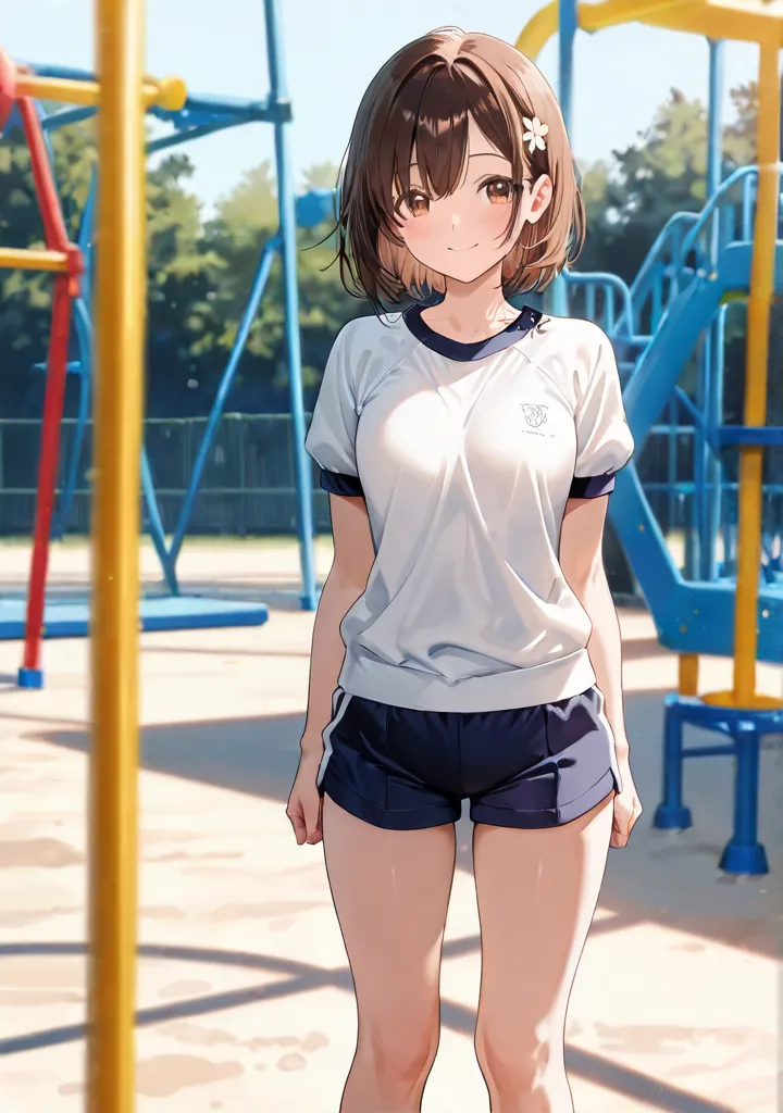 ( masterpiece), top quality , natural light, , Diffuse Light, alone,  Beautiful Anime  、 Beautiful Artistic Style , 赤い頬、( beautiful eyes), brown eyes, brown hair, hair accessory、hair bite, shortcuts、(  gym clothes、shorts), ( playground), is standing、 (  lo...