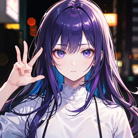 High quality young man、 neon color、masterpiece、top quality、 Confidence々 expression、Purple Hair、From the front、long hair、stare at me、Peace Sign、cool、REALISTIC PORTRAIT、4K rendering、high contrast lighting、Deep Focus、Vivid Colors、Bokeh