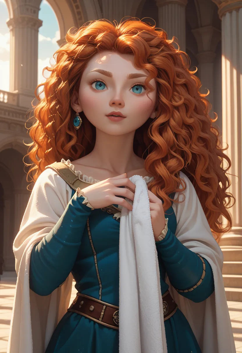 Merida fully clothed, she stands in a big palace, puts her one hand to her waist, rich place, she holds a hand towel and looks around, sunset view behind of her, rays of light from the windows above, close view on her face
