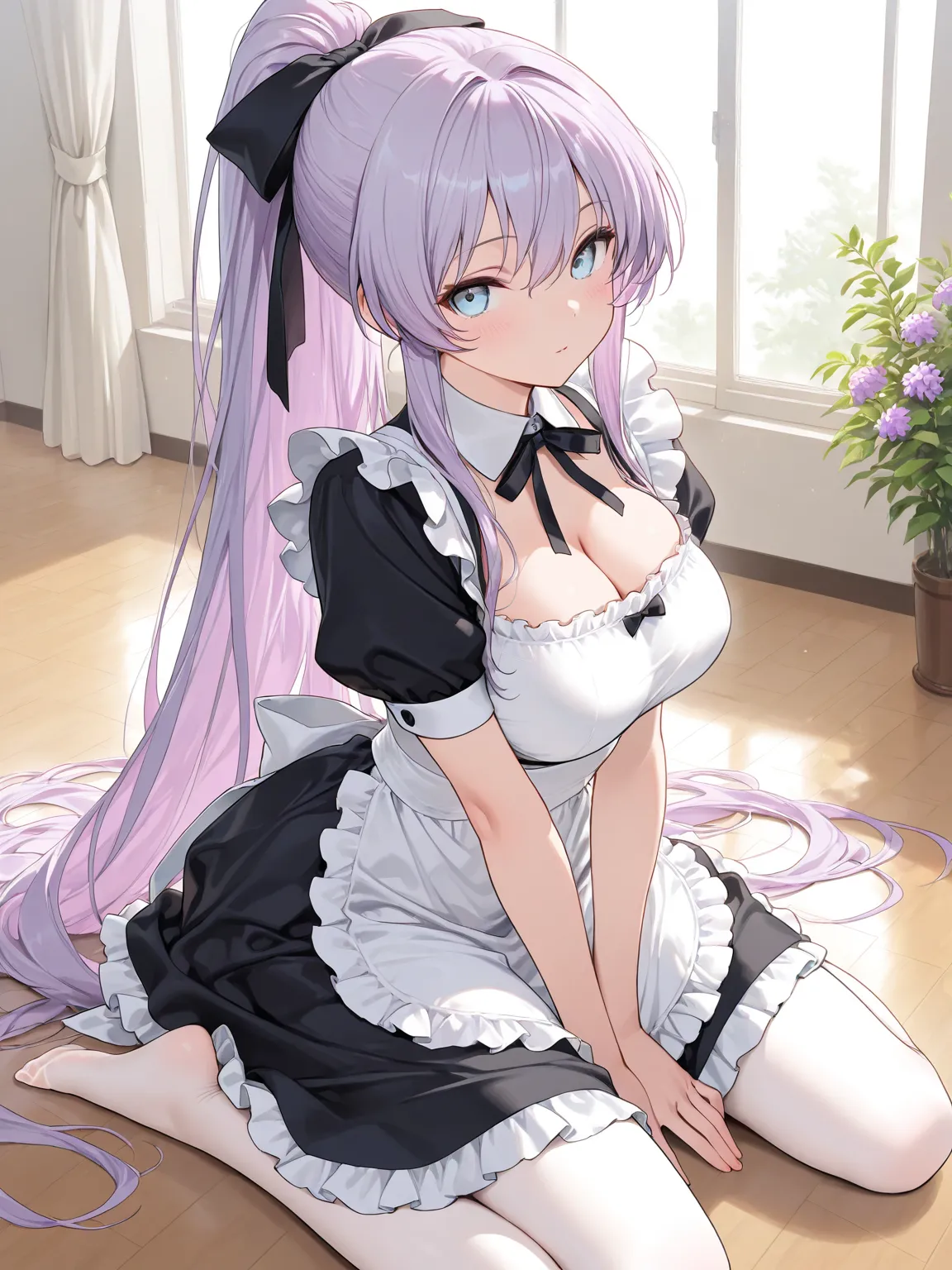 (masterpiece ,best quality, exquisite, ultra-detailed character), 1girl, lilac hair, very long hair, ponytail, hair ribbon, light blue eyes, maid, frills, white pantyhose, dance studio