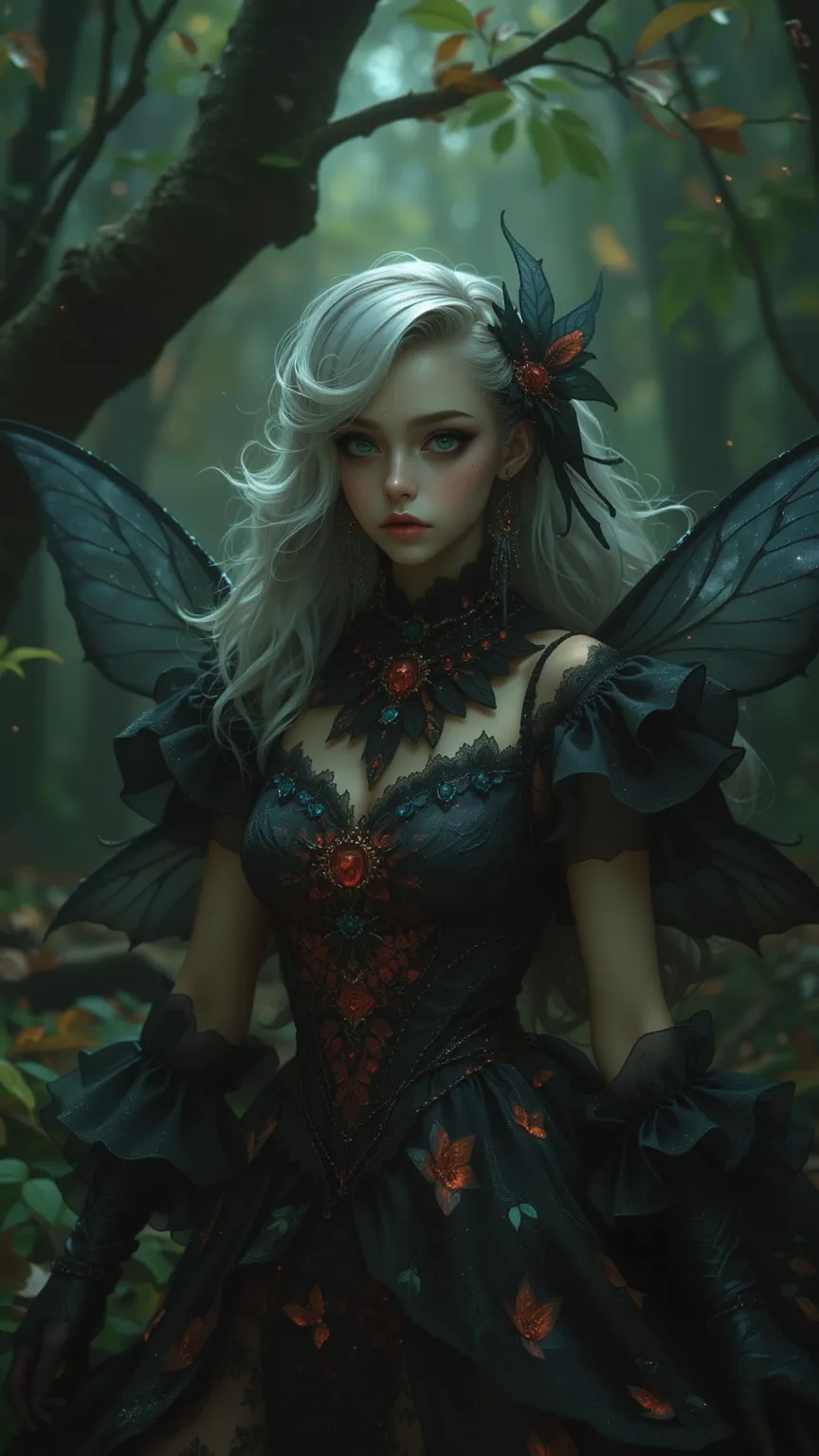 High quality Charming fairy girl, silver hair, Goethe style,  Glowing Green Eyes , smooth skin, Black Fairy Dress with Red Embellishment, standing in mysterious, ghostly forest, Magical energy flowing in shadows, Fantastic ambience, Cinematic soft texture,...