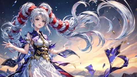 (8k, top quality, masterpiece: 1.2) beautiful girl,  sexy and charming , purple eyes, sacred atmosphere, Dynamic Poses, A girl standing in a field of flowers, Detailed CG,  Beautiful Exquisite Upper Body , 複雑でDelicate Face,  almond-shaped eyes, Elegant eye...