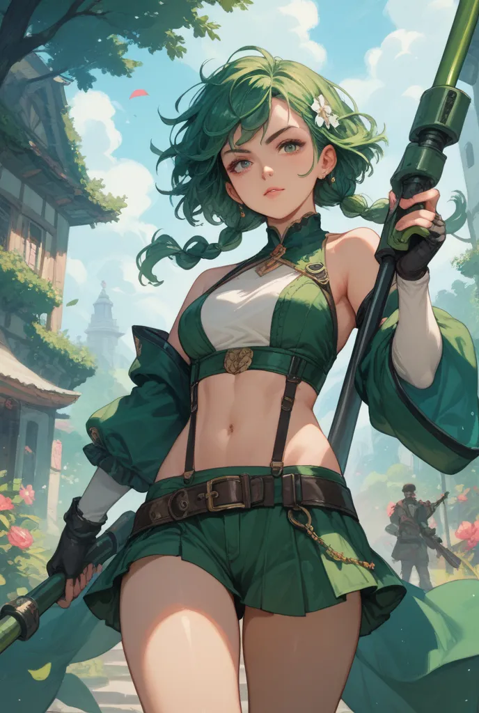 anime girl
Possessing weapons
Green hair
pretty
smaller
Seems strong