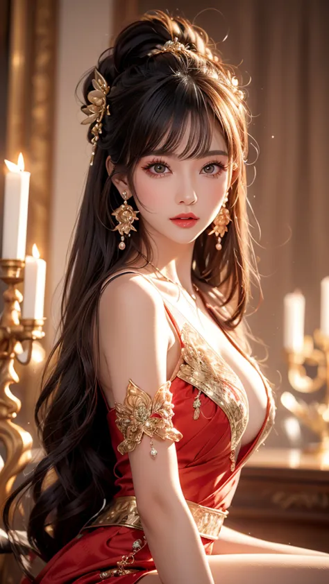 "  1 beautiful girl in a traditional costume  , Wearing a sparkling red China dress,  seated with legs wide open ,  chest border is black 、Chest border is gold ,  long hair and white bangs ,  hair jewelry is the most detailed and beautiful , very cute face...