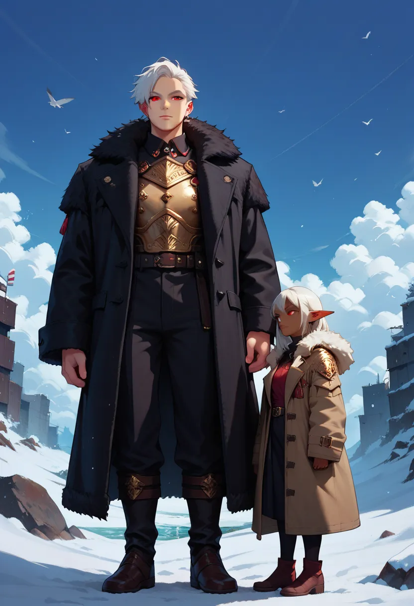 Dark Elf Girl. white hair. Red eyes. black clothes. Full Height. fur coat . Middle Ages. Lamellar armor.  black trench coat. port city .  snow . A wrecked ship in the distance. companions :  human, A lizard man and another man.