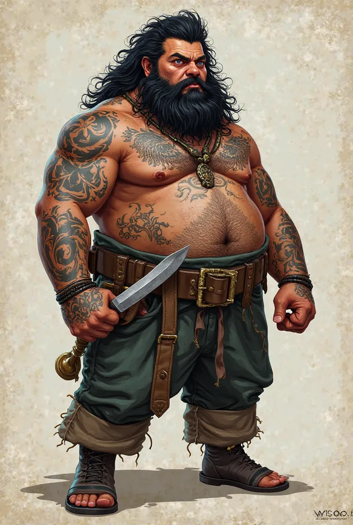 ⚓ **1- The Cook: "George the Knives"**  

A massive man with wild black hair and tattoos covering his arms. His face bears scars that suggest he survived a battle with a sea monster—or perhaps just a pan of hot oil. Despite his fearsome appearance, he has ...