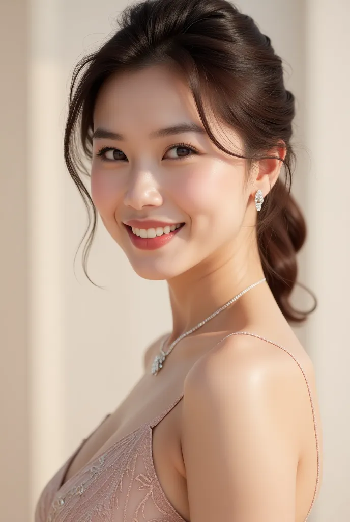 portrait of a smiling stylish Caucasian-Chinese woman in a luxury dress, wearing diamond jewelry. The minimalistic composition and soft lighting create a serene, ideal for a fragrance advertisement or a luxury beauty product launch focusing on purity and e...