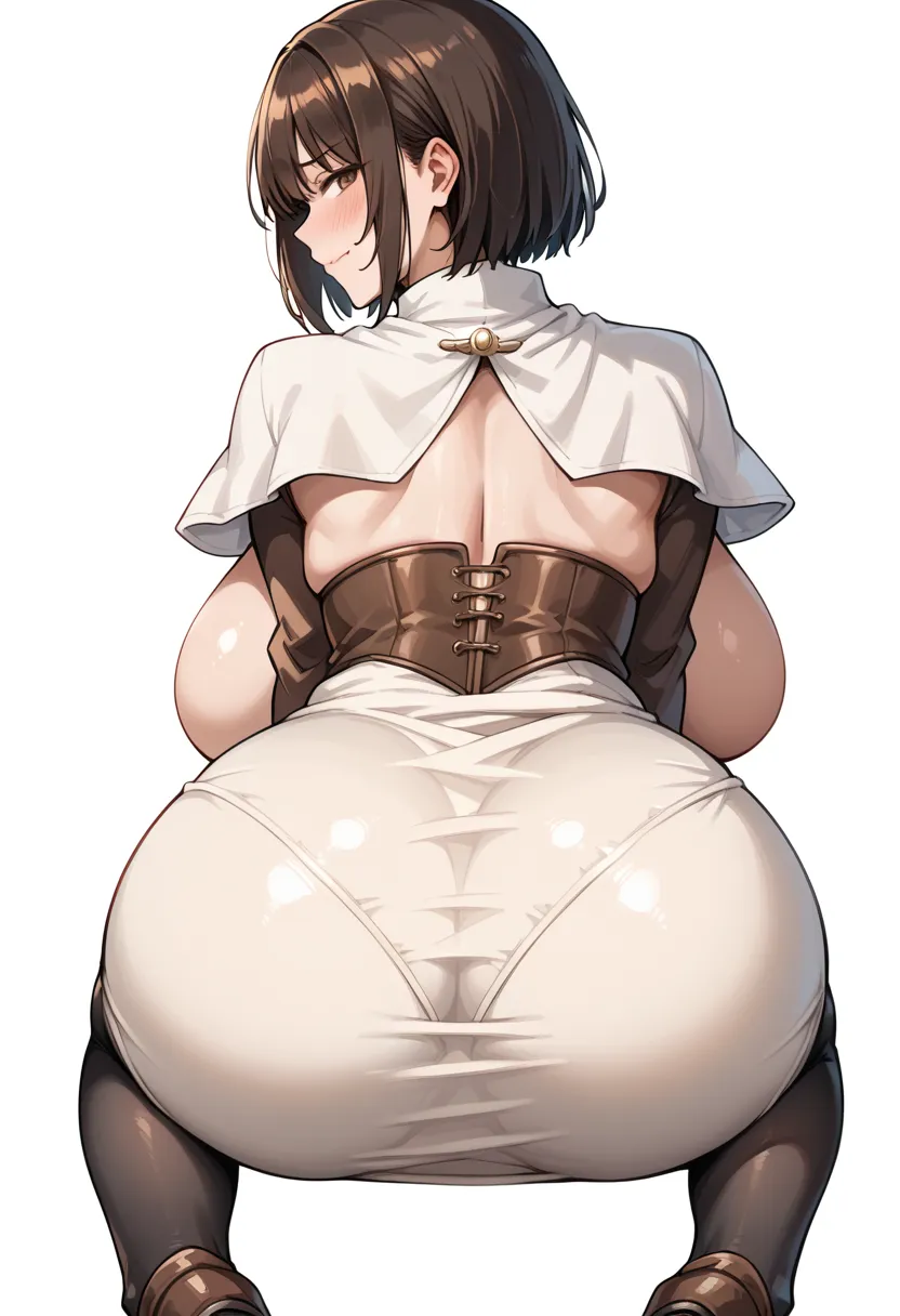 aCoro, white capelet, white dress, brown gloves, brown cuff, long sleeves, skirt, black pantyhose, long skirt, pencil skirt, corset,is embarrassing,blushes her cheeks,from behind,back view,huge ass
 white background , simple background,gigantic breasts,cle...