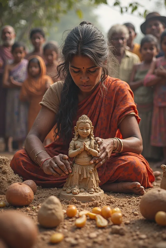 A poor Indian woman is making a wonderful bholenath murti with kheat mai aalus,  ka people are watching.