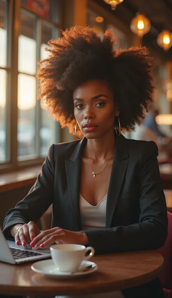 Create a realistic image in 4K and full HD of an executive black woman, wearing an elegant , sitting at a breakfast. She's working on her laptop with an expression of confidence and focus. The scene must have warm lighting, with golden tones, reflecting th...