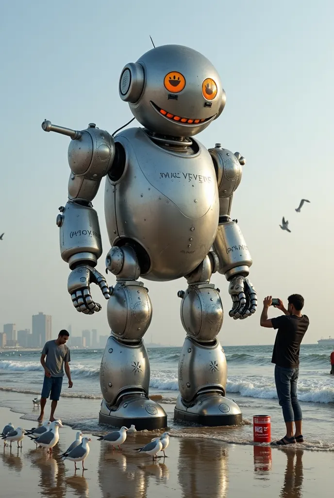 A gigantic, absurdly funny robot emerges from the sea in Port Said, designed like a mix between a futuristic machine and a clumsy internet meme. It has a huge, round metal belly with a glowing LED screen displaying random emoji reactions. Its arms are hila...