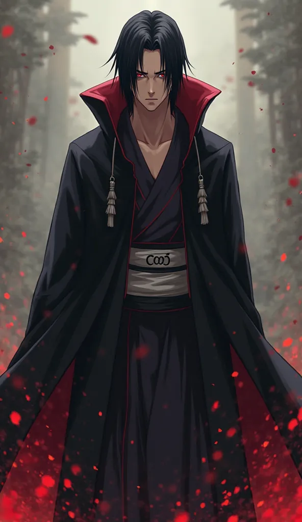 a man in a black robe with a red and white robe, Itachi Uchiha, Itachi Uchiha, akatsuki akira, itachi, madara uchiha,  Sasuke Uchiha , of Naruto, Joker as Naruto, pain of Naruto, Sakura Haruno in Snail Wise Mode,  haruno Sakura medical room, okata kazuto