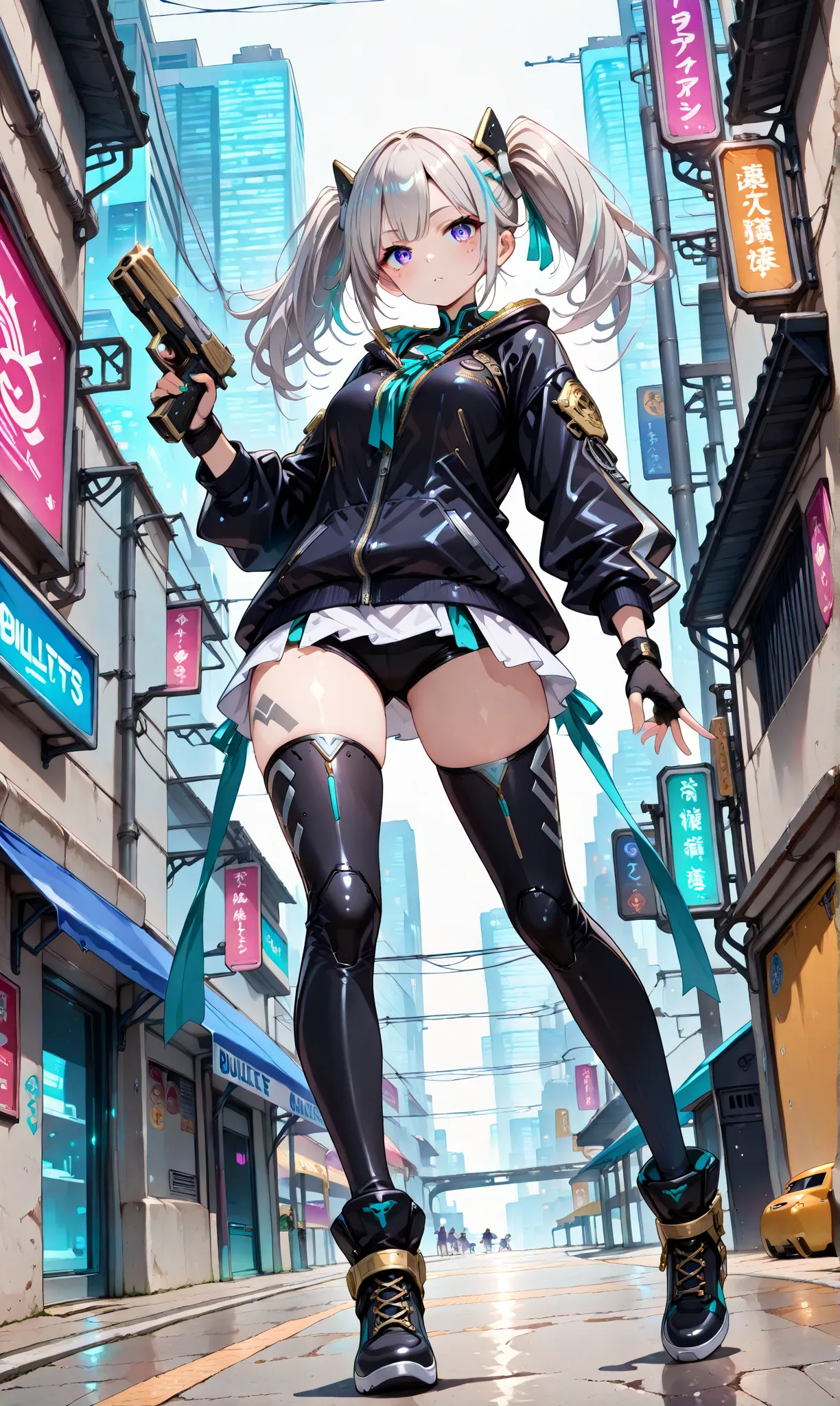 ((Large、bullets surround her:1.3))、A girl with jet-black twin tails tied with ribbons, clad in a teal qipao with silver accents, wielding a pistol, opponent’s bullets surrounding her in slow motion, suspended in a neon-lit cyberpunk alley.  