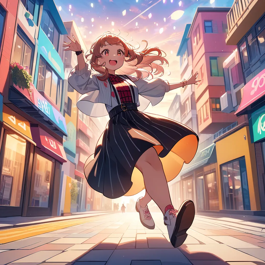 A vibrant anime-style illustration of a young woman skipping through a colorful city street. The background features bright, colorful buildings with a cheerful and energetic atmosphere. The girl wears a stylish outfit with a fun, modern touch, and her hair...