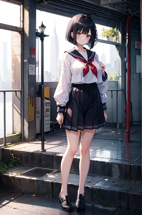  1 girl,black haired short bob,sailor suit,cute,full body,Big Breasts