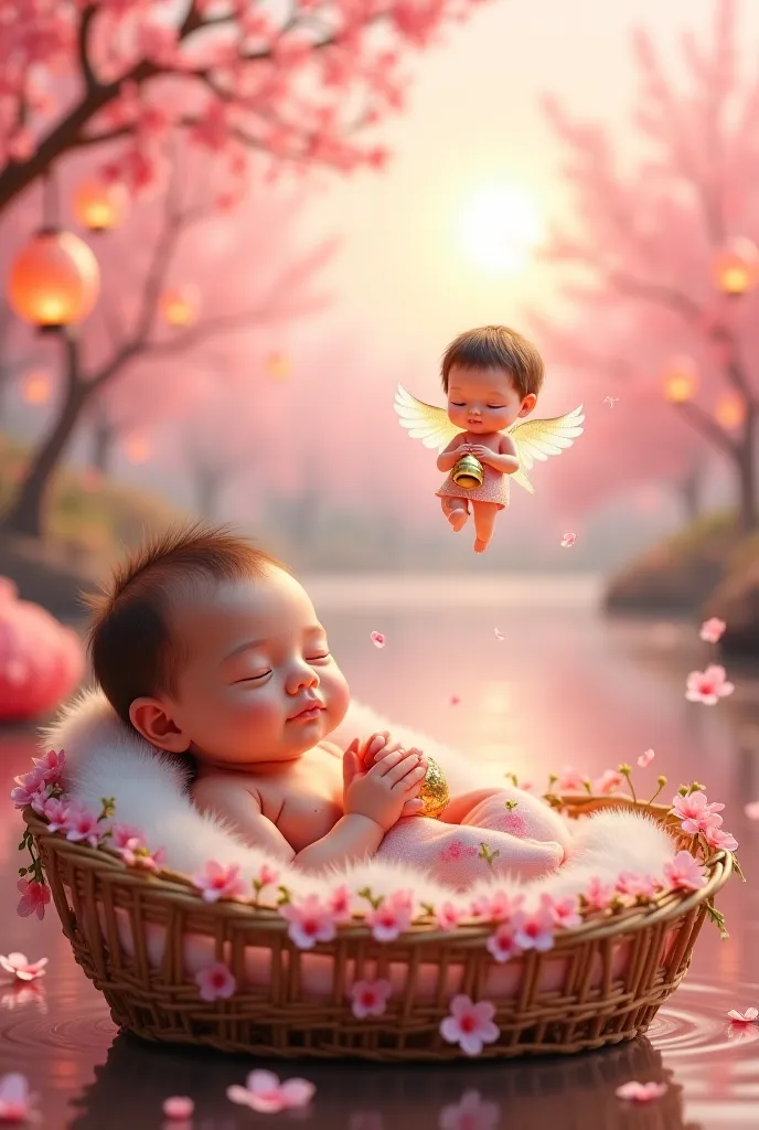 Baby of oriental origin**
"An ultra-realistic image in vertical format (9:16)  for TikTok, showing a newborn baby of oriental origin, lying in a bamboo crib decorated with cherry blossoms. Up baby, a mini cartoon angel, cute and shiny, flying with small, t...