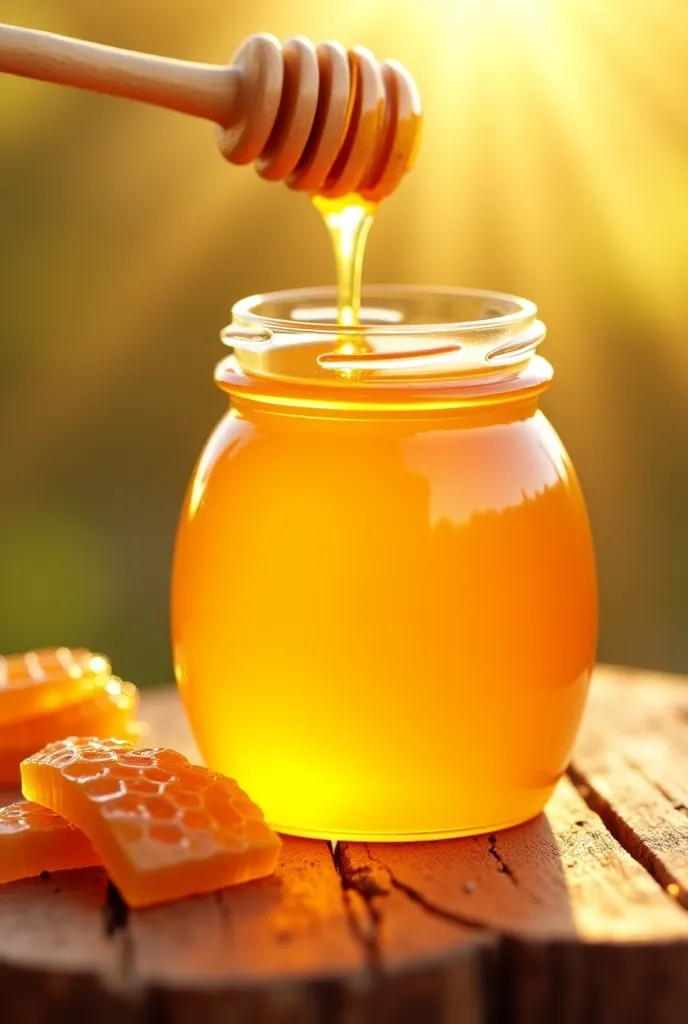 "A highly realistic 3D render of a glass jar filled with pure golden honey, with a wooden honey dipper dripping thick honey onto a rustic wooden surface. A few honeycombs are placed beside the jar, showcasing the natural texture. In the background, warm su...