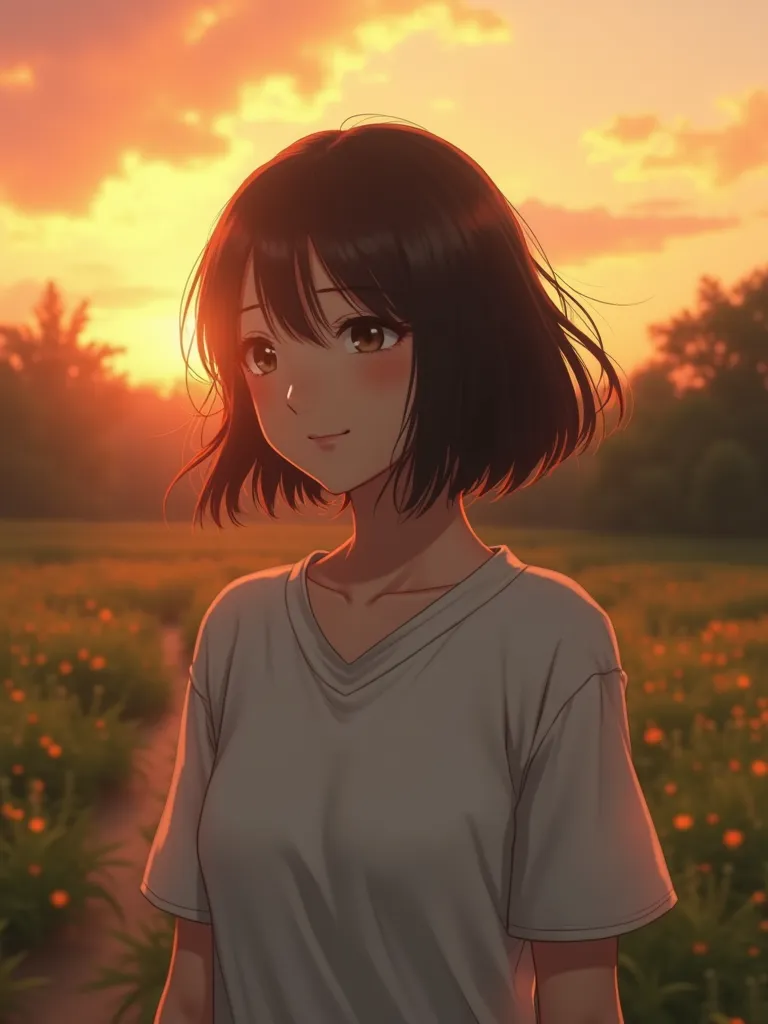 (8k), (best quality), (masterpiece:1.2), (realistic), (photorealistic:1.37), super detailed,  cute Japanese girl, (),  breeze, short cut bob hair, beautiful hair, smile,  stares, ((in the garden)), Thin arms, thin body,  black hair, bungs, beautiful sunset...