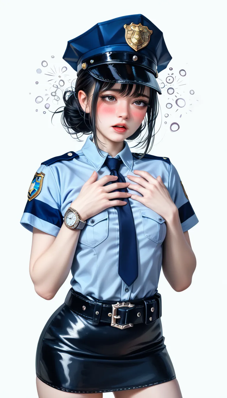 Beautiful Japanese Woman,( 1girl :1.5),(slender body:1.2),( small tits:1.0),( empty white background:1.7),(Very Very Short sleeve police shirt:1.2),(ultra mini police skirt:1.2),(black leather equipped police belt:1.5),real skin ,small breasts, black hair,...