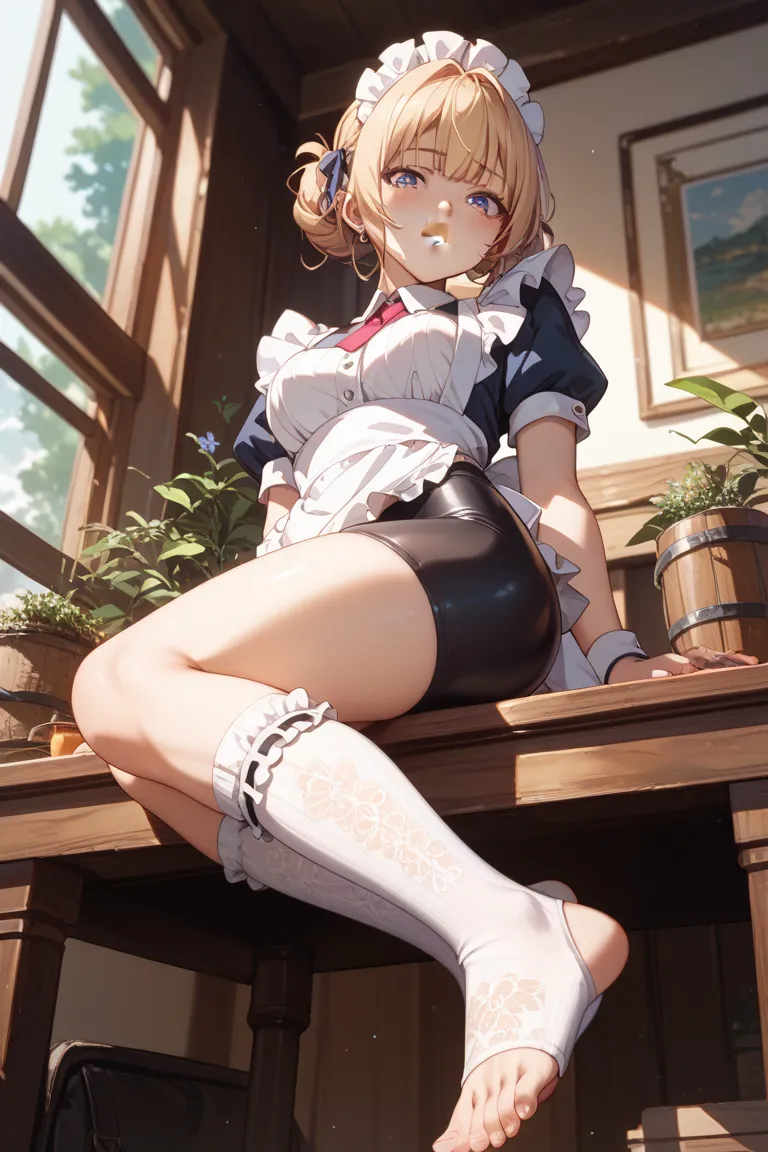 1 girl、Maid、sitting、frill socks、from below、 Ashikiri、is embarrassing、bike shorts、Puffy Lips、toeless legwear、cross lace legwear lying on a table、masterpiece、top quality、uncorrected