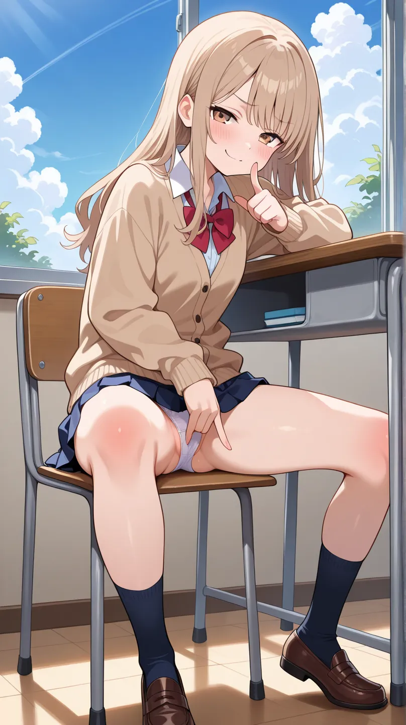 ((masterpiece:1.2)), ((best quality:1.2)), ((amazing quality:1.2)), ((absurdres:1.2)), ((CG illustration:1.2)), 1girl, solo, standing, classroom, sitting, side view, spread open legs, fair skin, body blush, blush, bangs, long hair, light brown hair, light ...