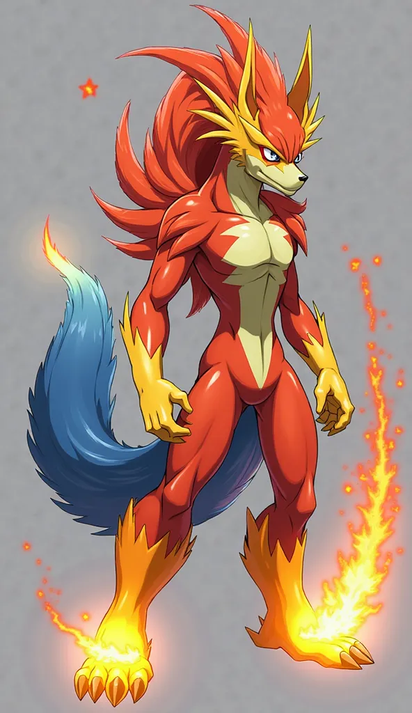 Create a hybrid creature combining Blaziken from Pokémon and Gabumon from Digimon. This fusion should have Blaziken’s fiery, martial arts-inspired body, combined with Gabumon’s wolf-like features and digital elements.

The creature’s body should have Blazi...