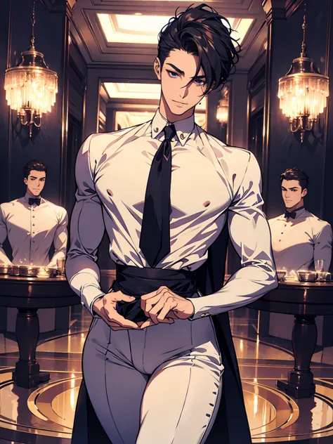  (masterpiece,best quality,ultra_detailed,highres,absurdres), (detailed shadow), (quality light),1 (yaoi_ikemen_male:1.3) (with bulge:1.3), 30-ish, (muscleale focus), (solo:1.3), short black Quiff hair with Soft Fringe (bangs part on side 3:7 ratio), blue ...