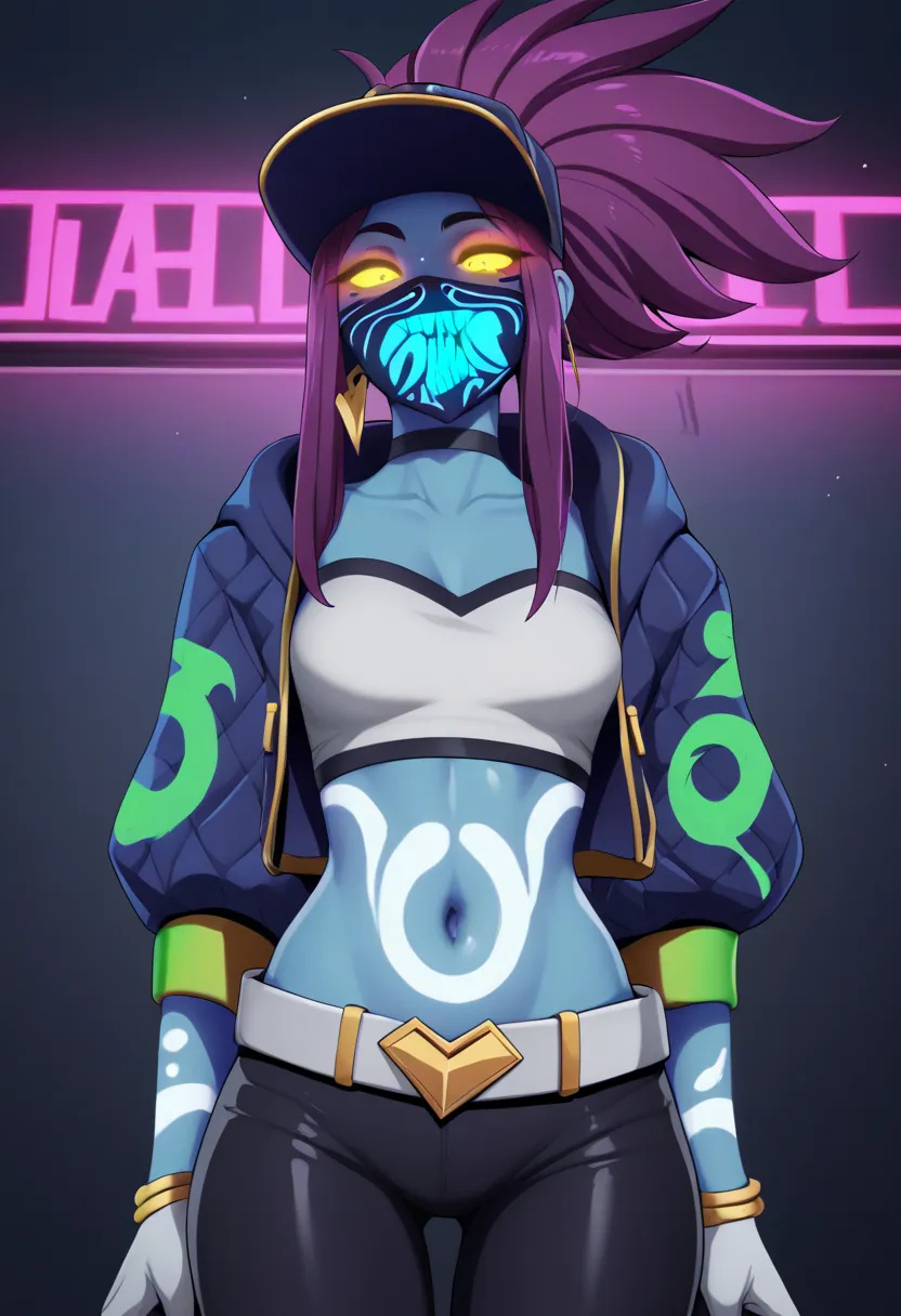 kda_akali,purple hair, clear skin, body paint , long hair, high ponytail, sidelocks, purple hair, glowing hair, yellow eyes, glowing, blue skin, white hands, bodypaint, neon lights, baseball cap, print cap, mouth mask, earrings, black choker, white tube to...