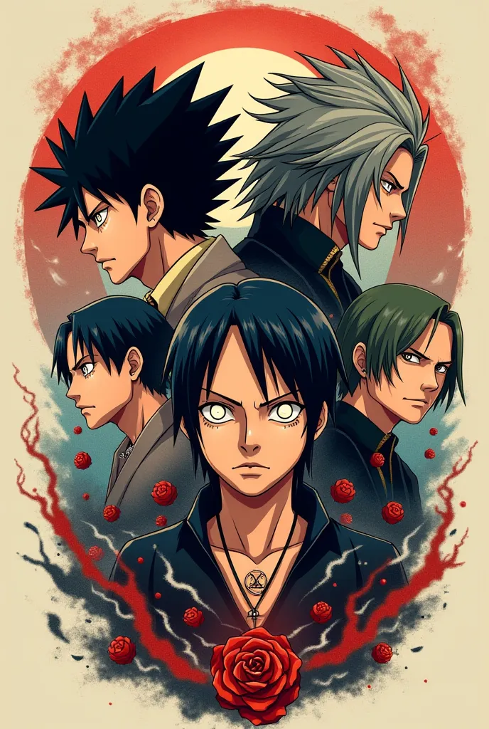 Anime tattoo with Sasuke, kaneki ken, gojo, zoro from One piece, 