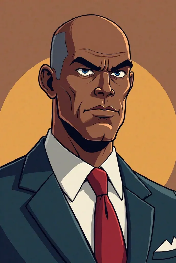 
"Create a cartoon-style image of a powerful, confident man inspired by Lex Luthor, with dark skin and wearing a sharp, modern suit. His face is clean-shaven, with a strong jawline and intense, calculating eyes. He exudes a commanding presence and charisma...