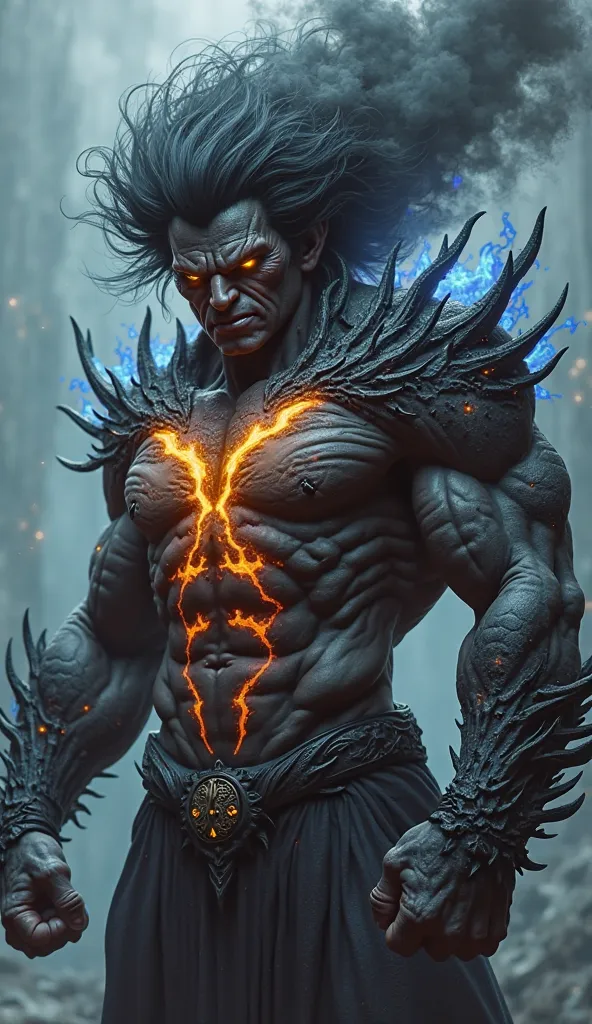 The figure appears to be a powerful, mystical being, possibly demonic or elemental in nature. It is muscular and imposing, with a dark complexion and fiery or glowing accents.

**Head and Hair:**

*   **Hair:** The figure has a massive, wild, and turbulent...