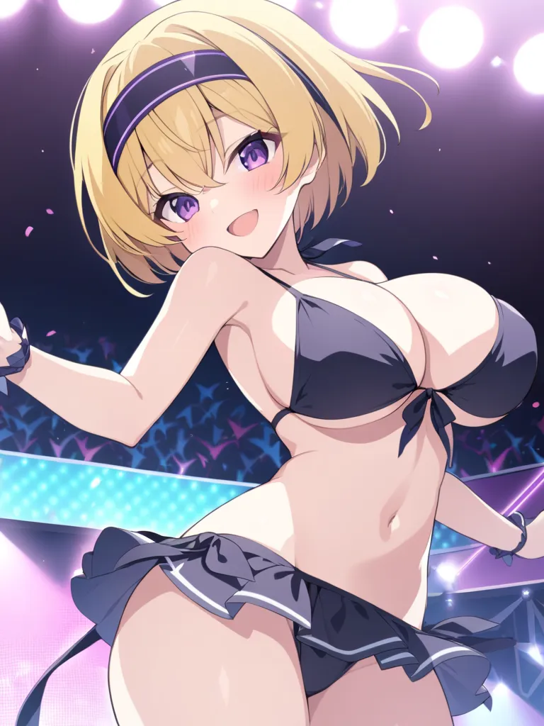 blonde hair, short hair, headband, purple eyes, , bigger breasts in bikinis,  live stage