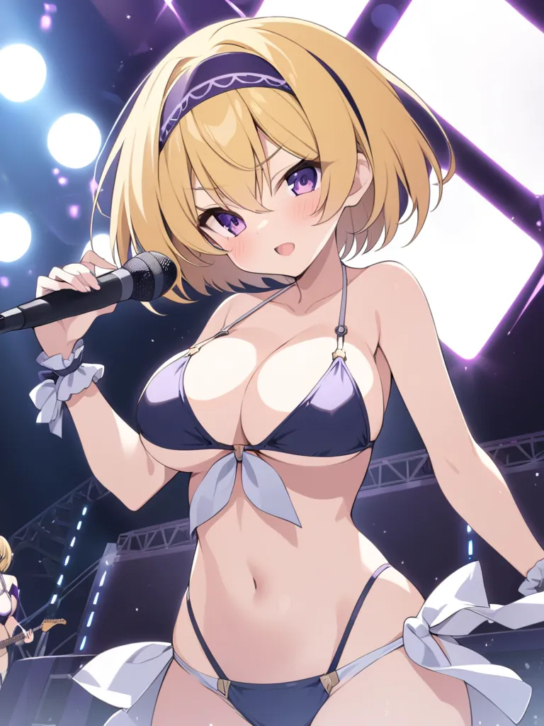 blonde hair, short hair, headband, purple eyes, , bigger breasts in bikinis,  live stage