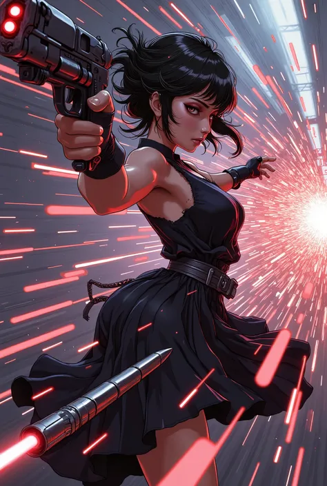 Bullet Time Dodge 、、Bullet Trails、A high-energy slow-motion action scene, extreme perspective. Bullets flying towards the viewer, distorted air trails creating depth. The female warrior dodges in a curved motion, creating a dynamic 3D effect.A dynamic slow...